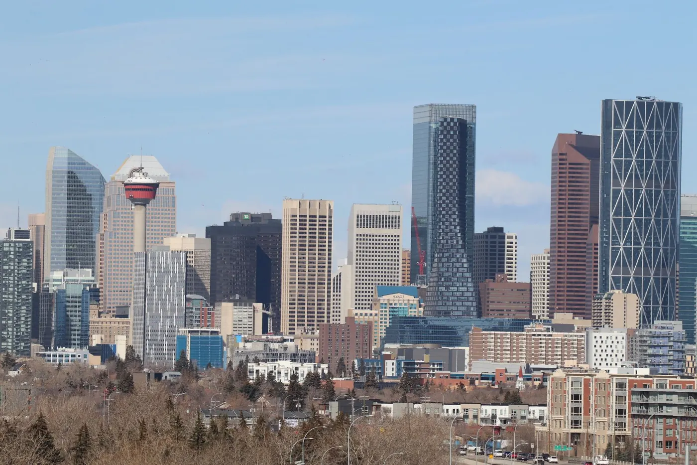 The Calgary skyline with the Calgary Tower against open sky