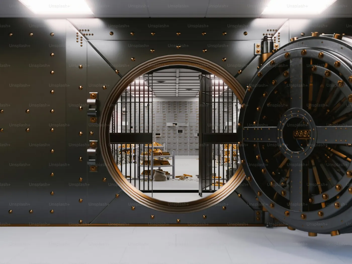 An open circular vault door seen from within the strongroom